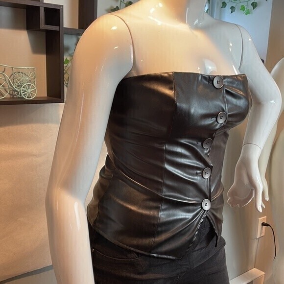 Button Up Strapless Faux Leather Top Black Size M RefM100 - Picture 6 of 11